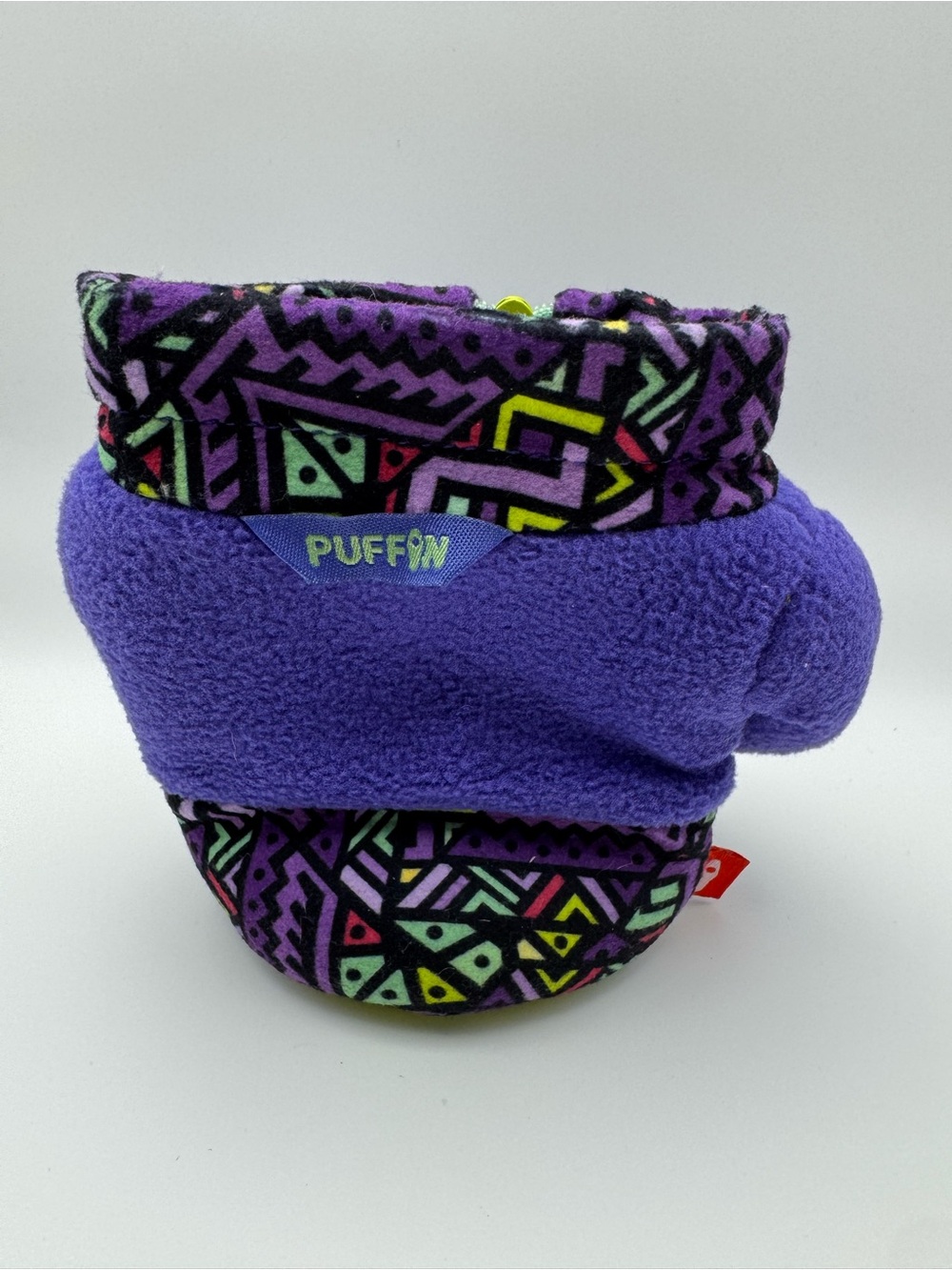 Puffin Drinkwear “The Fleece” Purple Jacket-Style Koozie with Geometric Trim - Picture 2 of 3